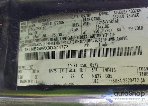 2009 Ford E-250 Commercial/Recreational from USA, damaged, VIN 1FTNE24WX9DA44773